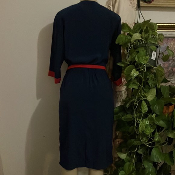 Vintage Dress Leslie Fay Petite Collection Blue with Red Sleeve Cuffs on Pockets - Picture 7 of 16